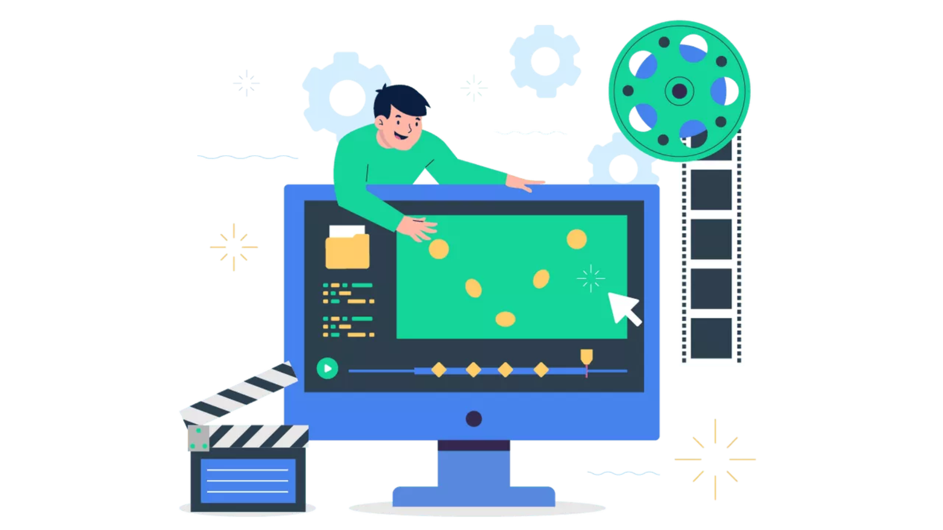 Homem em cima de um monitor exemplificando o processo de animação por keyframes de uma bolinha