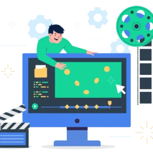 Homem em cima de um monitor exemplificando o processo de animação por keyframes de uma bolinha