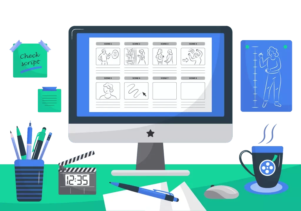 Tela de computador com storyboard em produção e uma claquete ao lado e outros materiais de escritorio